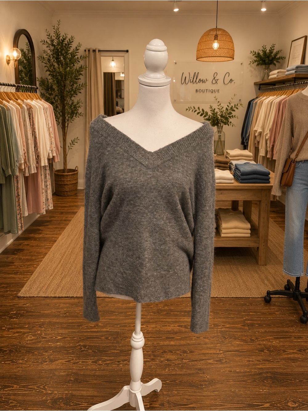 Vince NWT Merino Wool Alpaca Blend Off Shoulder V Neck Sweater XS Gray